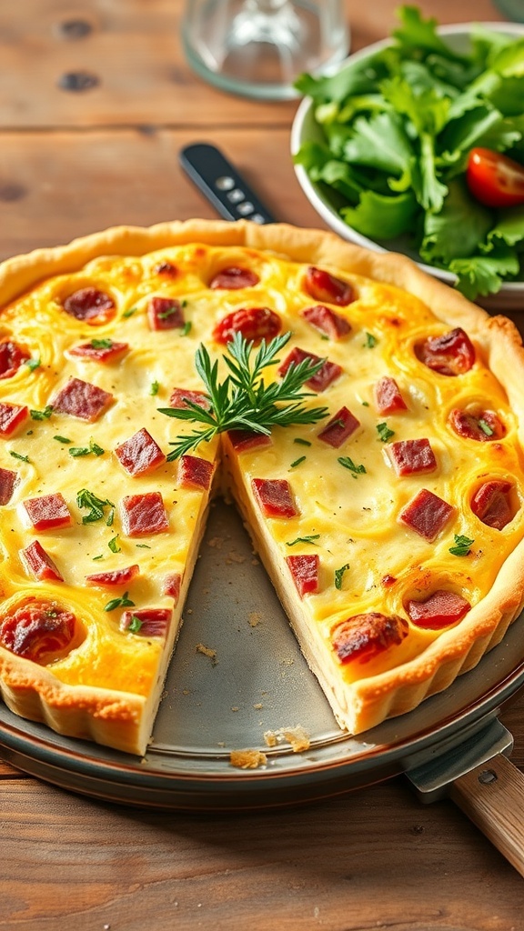A slice of ham and leek quiche on a plate, garnished with herbs, with the whole quiche in the background.